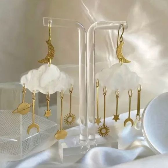 Cute Cloud Starts Moon Earrings, Celestial Earrings - Picture 3 of 4